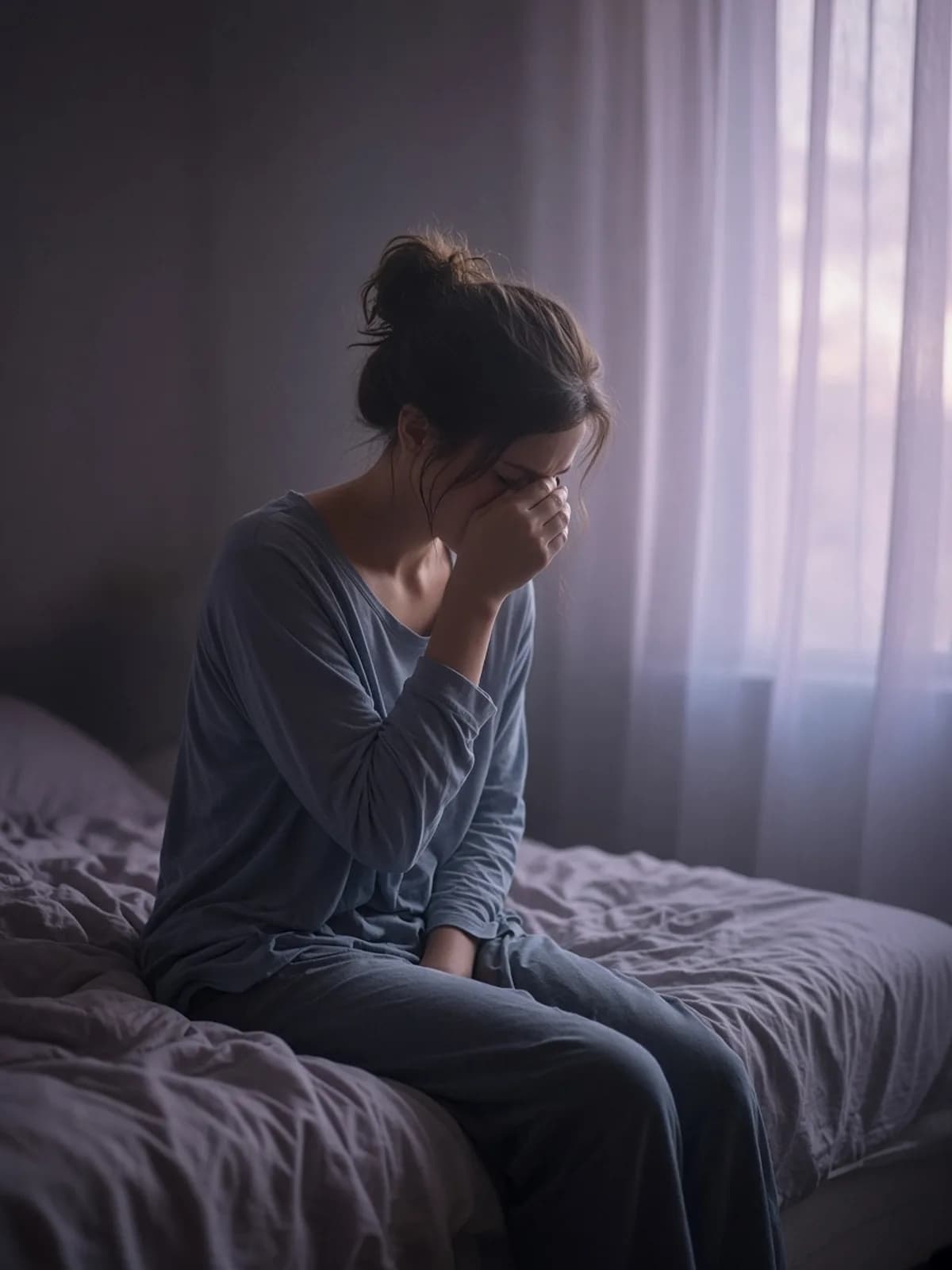 Someone sitting on the edge of the bed at dawn, rubbing their eyes.